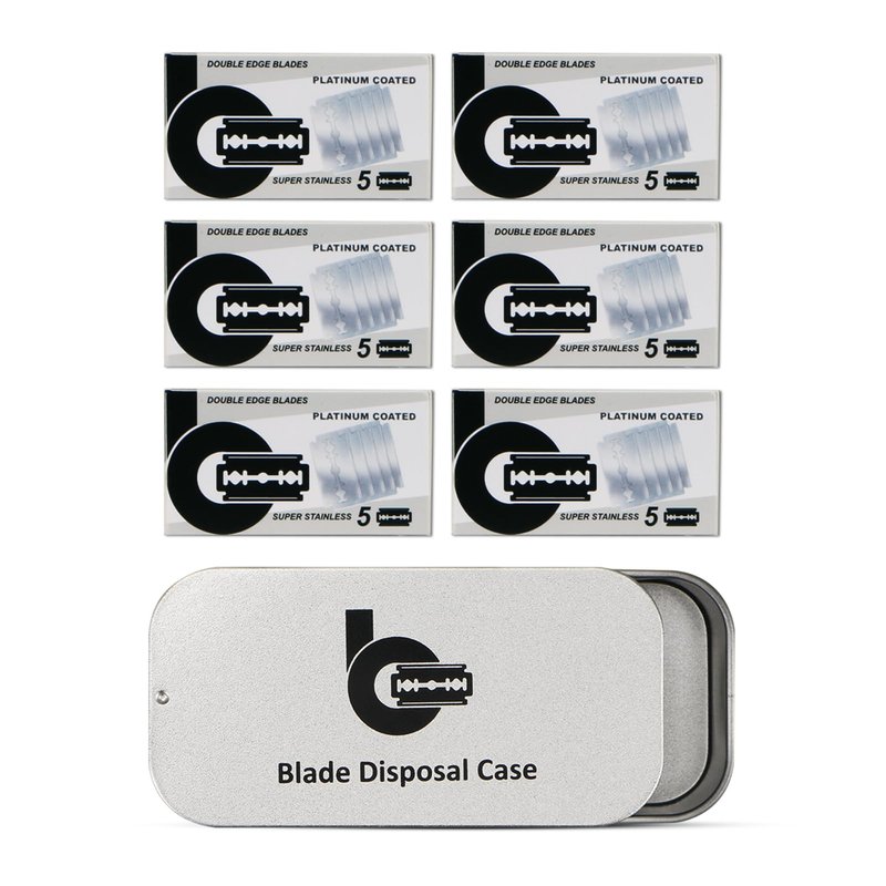 Platinum Coated Safety Razor Blades (USA Stainless Steel, fit All Standard Double Edge Safety Razors), 30 Count, with 1 Compact Razor Blade Disposal Container for Daily & Travel Use