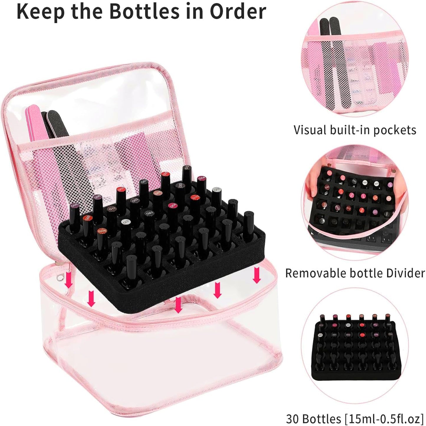 Clear Nail Polish Organizer - Holds 30 Bottles | Portable PVC Case with Manicure Tools Storage Sections