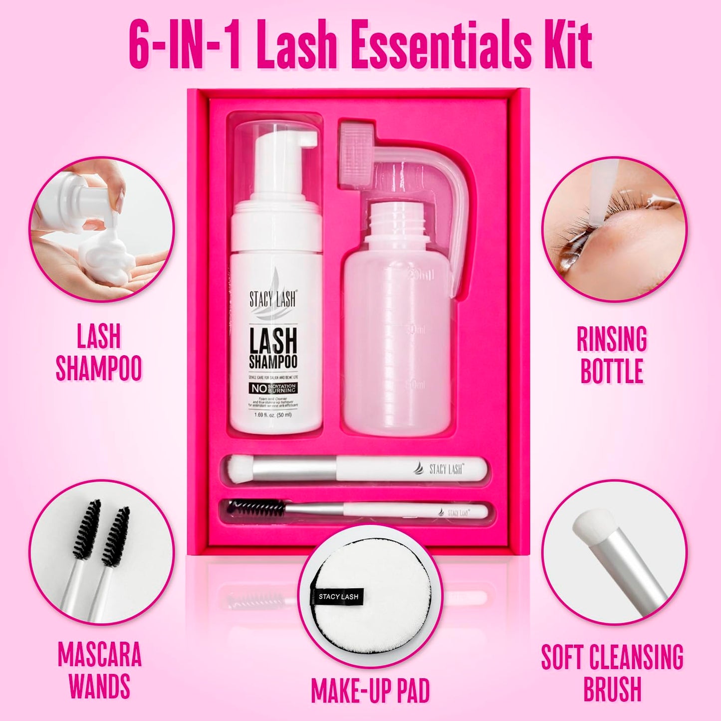STACY LASH Lash Shampoo 50ml Kit Korean Makeup Remover with Eye Lash Spoolies & Rinse Bottle & Cleansing Pad & Brush for Eyelash Extensions & Clusters & Natural Eyelashes