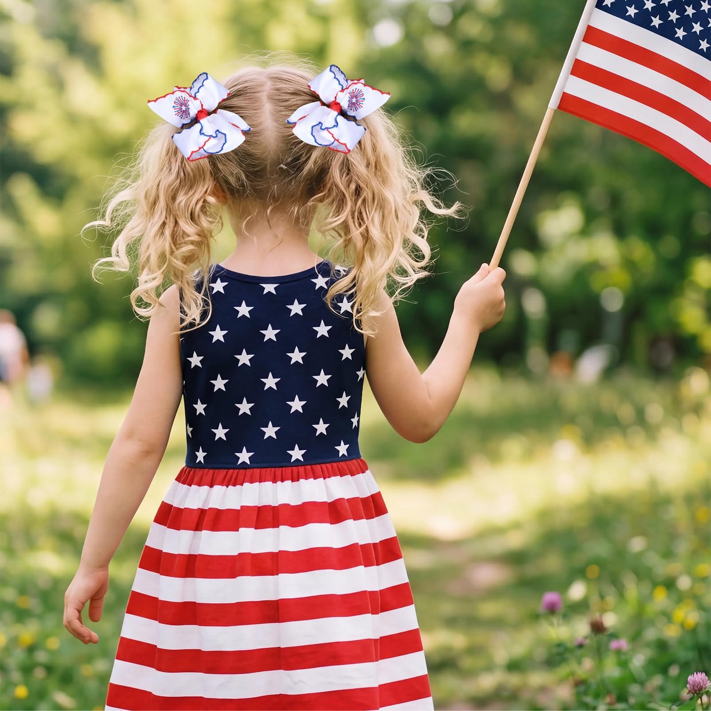 4th July Patriotic Hair Bow Clips 2Pcs 4" Firework Embroidered Ribbon Alligator Clip for Teens Girl Women Independence Memorial Day Party Dress Decor Accessory Gift