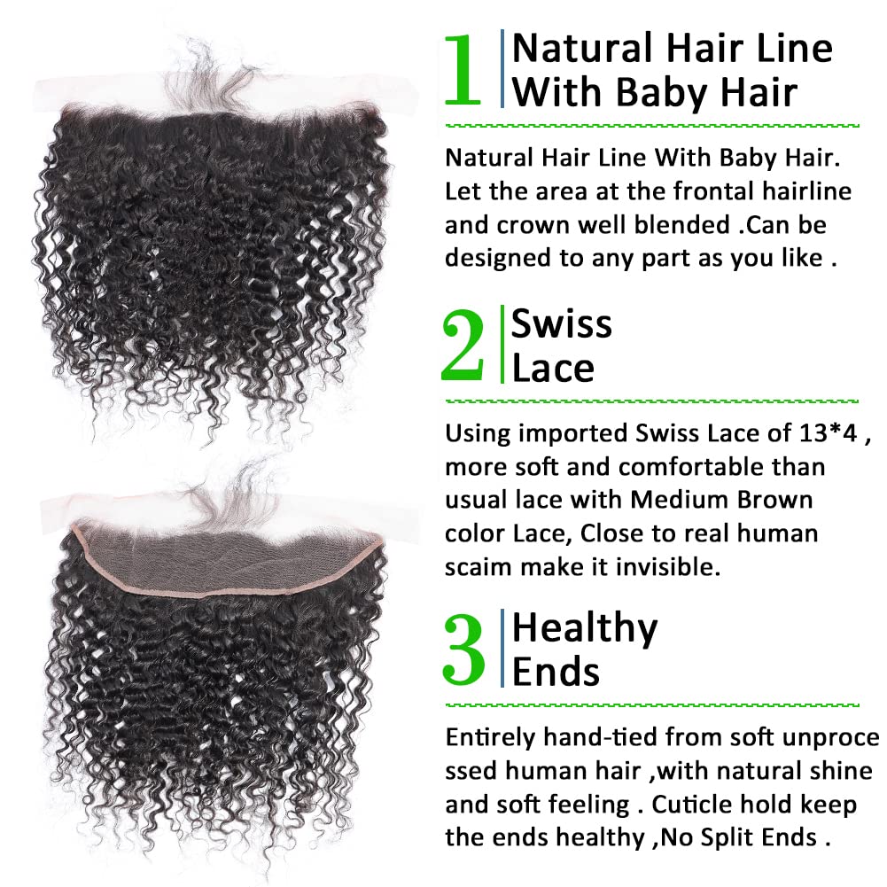 13x4 Lace Frontal Only Deep Curly Regular HD Lace, 200% Density, 100% Brazilian Virgin Human Hair Ear to Ear HD Lace Frontal Pre Plucked with Baby Hair Natural Black Color 14 Inch