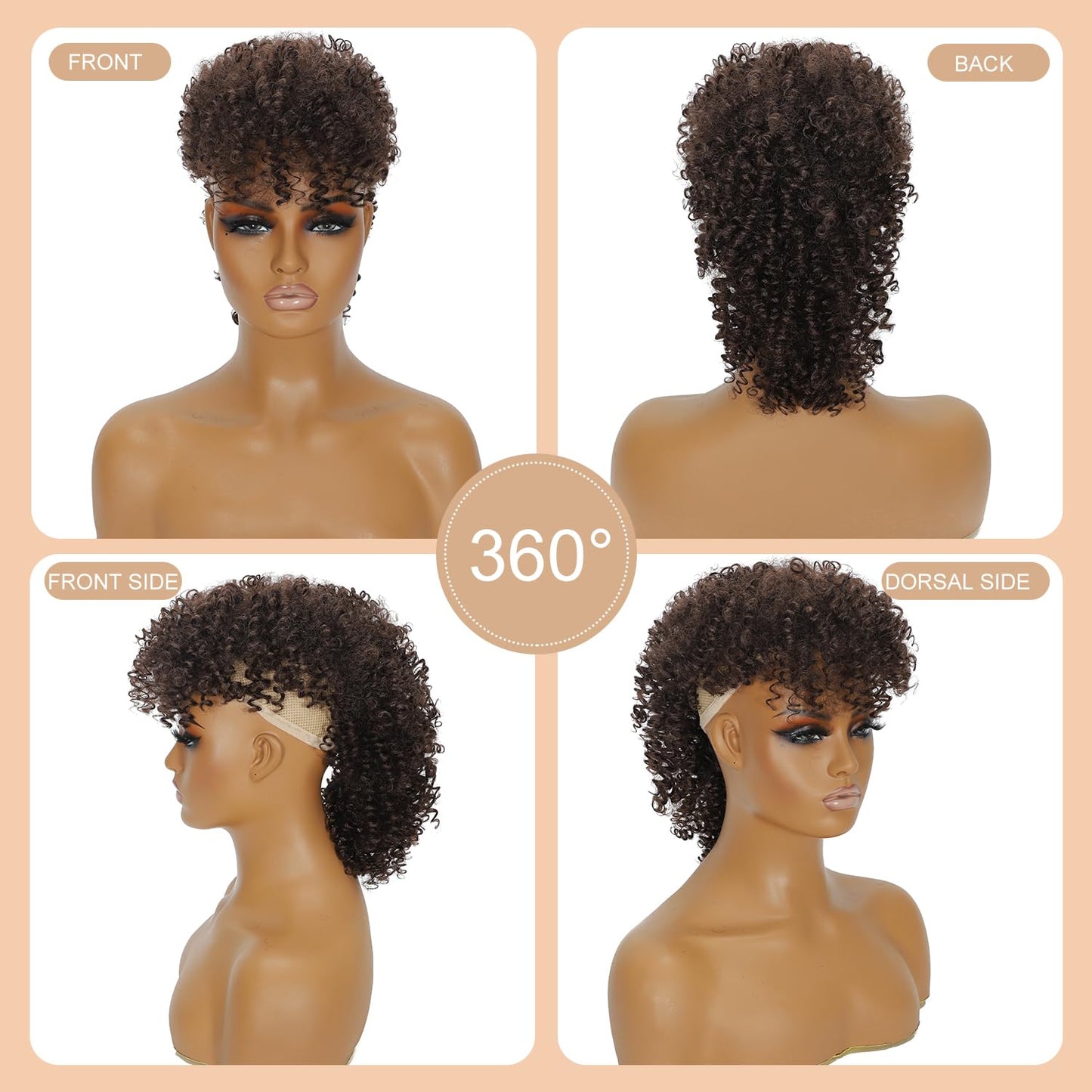 Mohawk Wig Kinky Curly Dark Brown Ponytail with Bangs,Short Curly Synthetic Clip on Mohawk Ponytail Extension Hair Pieces for Women with Six Clips and Two Combs Fluffy for Daily and Party Use 4#