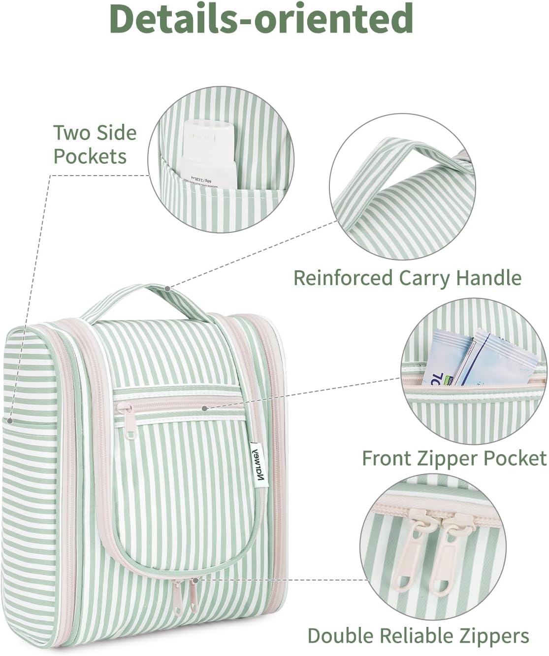 Narwey Travel Toiletry Bag - Small Striped Makeup Organizer for Women | Mint Green Stripe