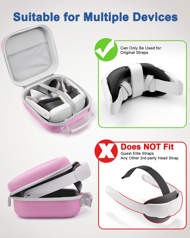 Krypthos Hard Carrying Case Compatible with Meta Quest 3S/Quest 3/Quest 2/Vision Pro, Portable VR Gaming Headset and Touch Controllers Case with Lens Protector, Suit for Travel and Home Storage (Pink)