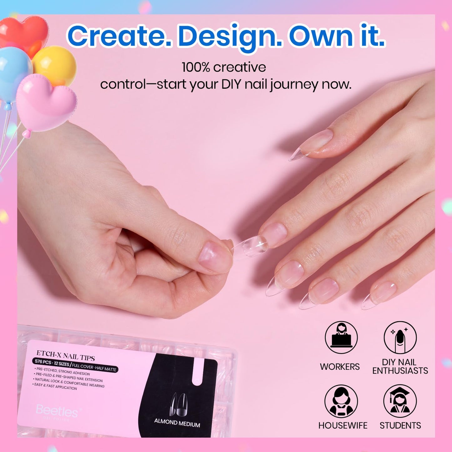 Beetles Medium Almond Nail Tips 576pcs 12 Sizes, Pre-Etched Soft Gel Nail Tips Half Matte Full Cover Press on False Nail Tips Clear Acrylic Nails Glue on Nails DIY Nail Extension Gift for Women