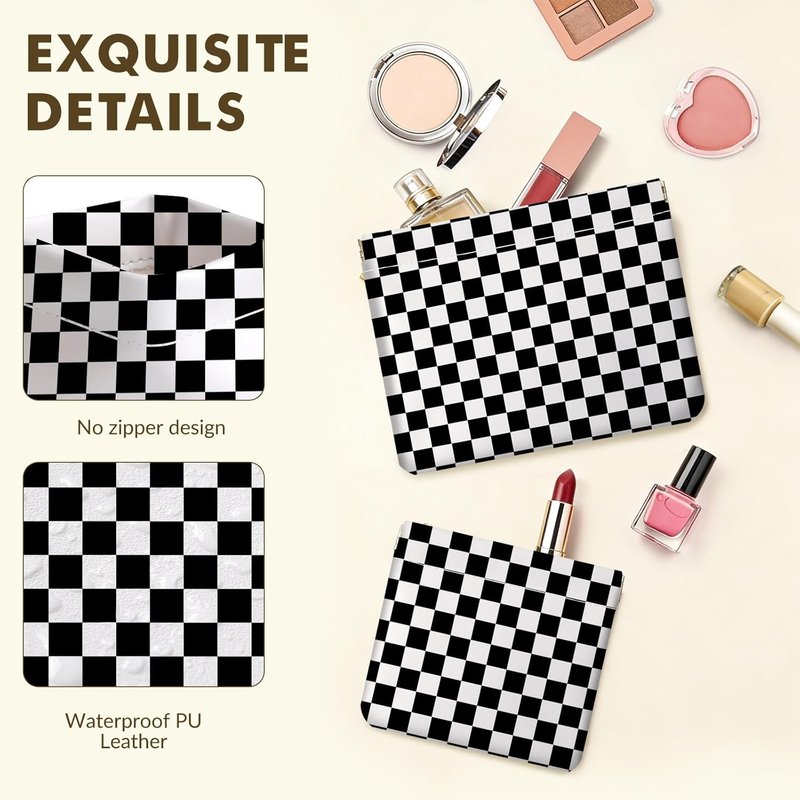 Makeup Bag Set - 2 PCS PU Leather Cosmetic Organizer for Travel | Checkered Design, Portable Self-Closing Pouch