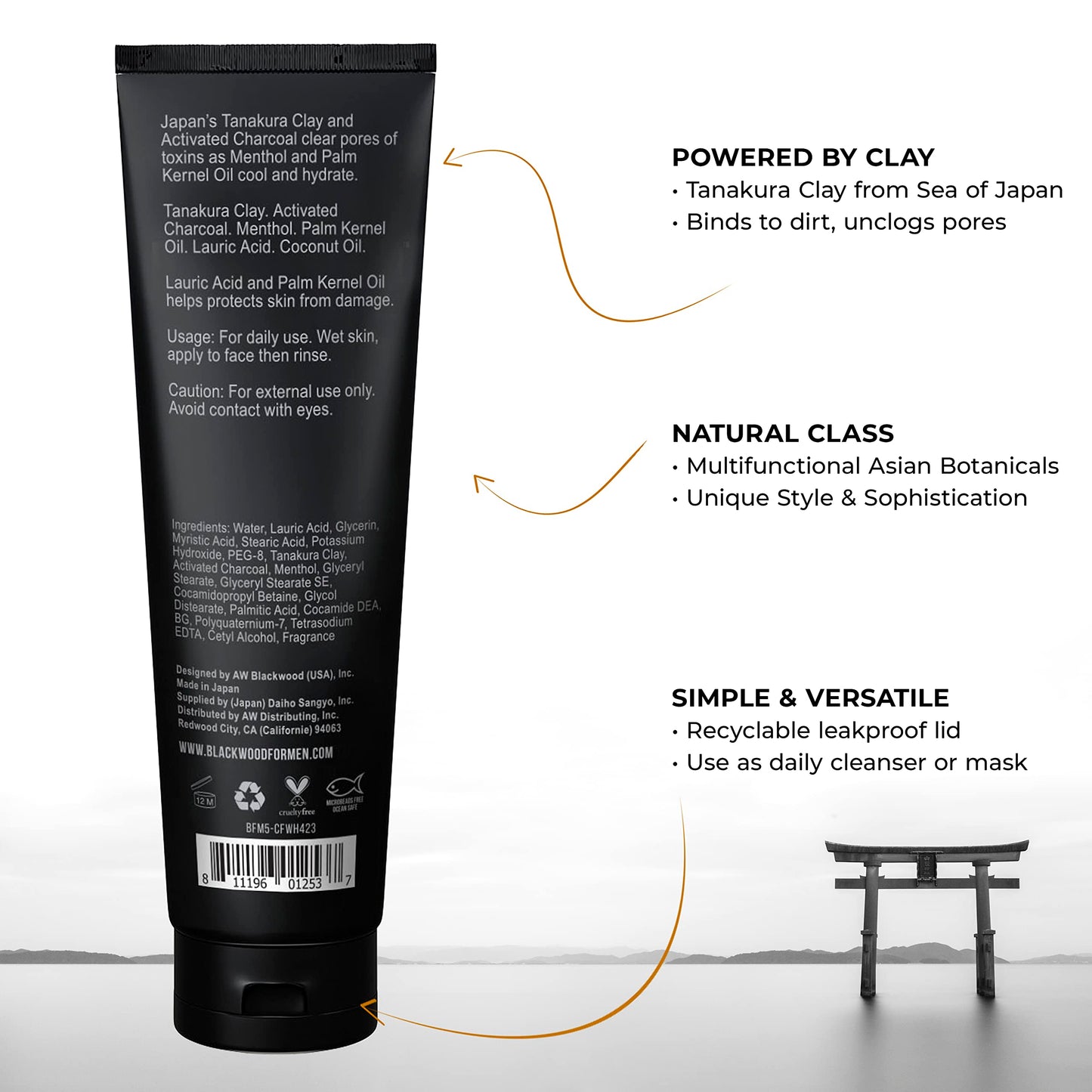 Blackwood For Men Cooling Clay Face Wash - Activated Charcoal, Menthol, & Tanakura Clay Cleanser & Mask for Deep Cleansing & Acne Treatment - Sulfate Free, Paraben Free, & Cruelty Free (4.23 oz)