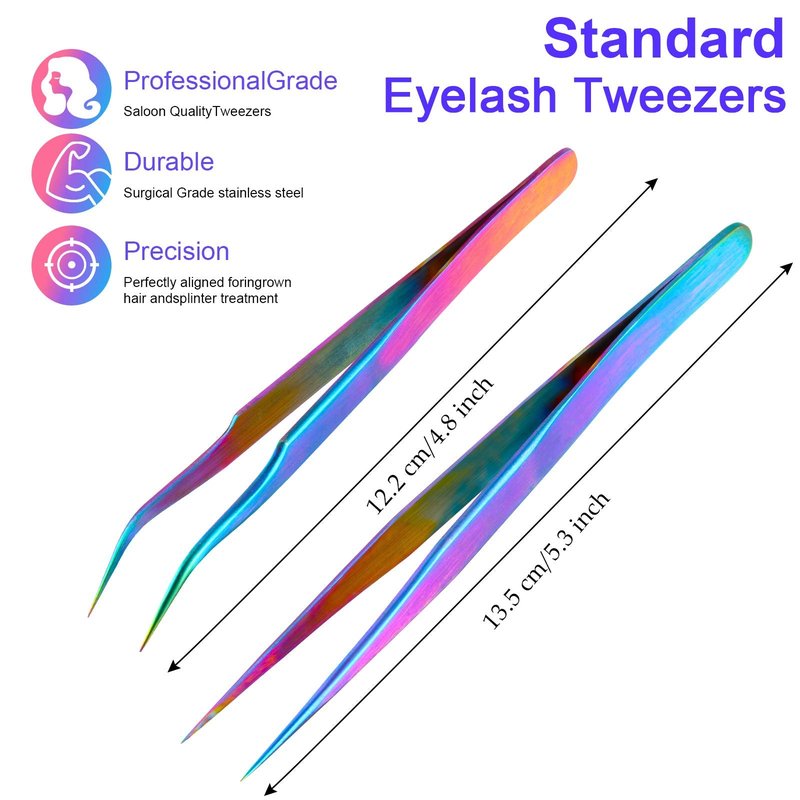2 Pieces Straight and Curved Tip Tweezers Eyelash Extension Tweezers, Stainless Steel False Lash Application Tools (Iridescence)