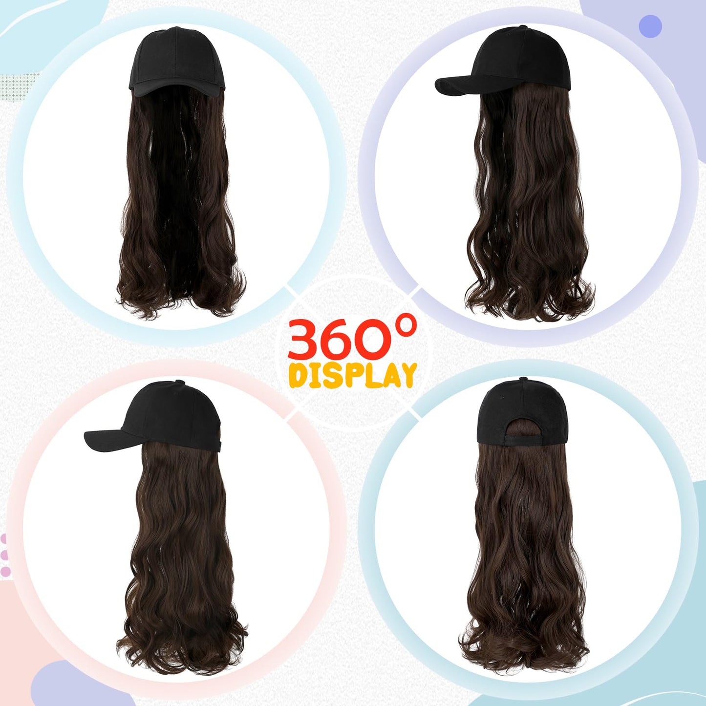 Cephermer Baseball Hat Wig,Hat with Hair attached 24'' Adjustable Black Cap with Long Wavy Synthetic Hair Extensions for Women Girls(Medium Brown)