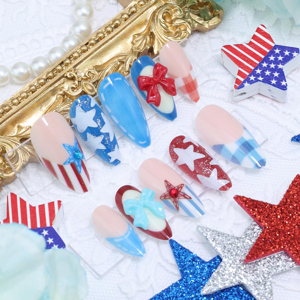 Independence Day Press-On Nails - 30Pcs Medium Almond Shape with 3D Red & Blue Bow Designs | Patriotic French Tip Full Cover