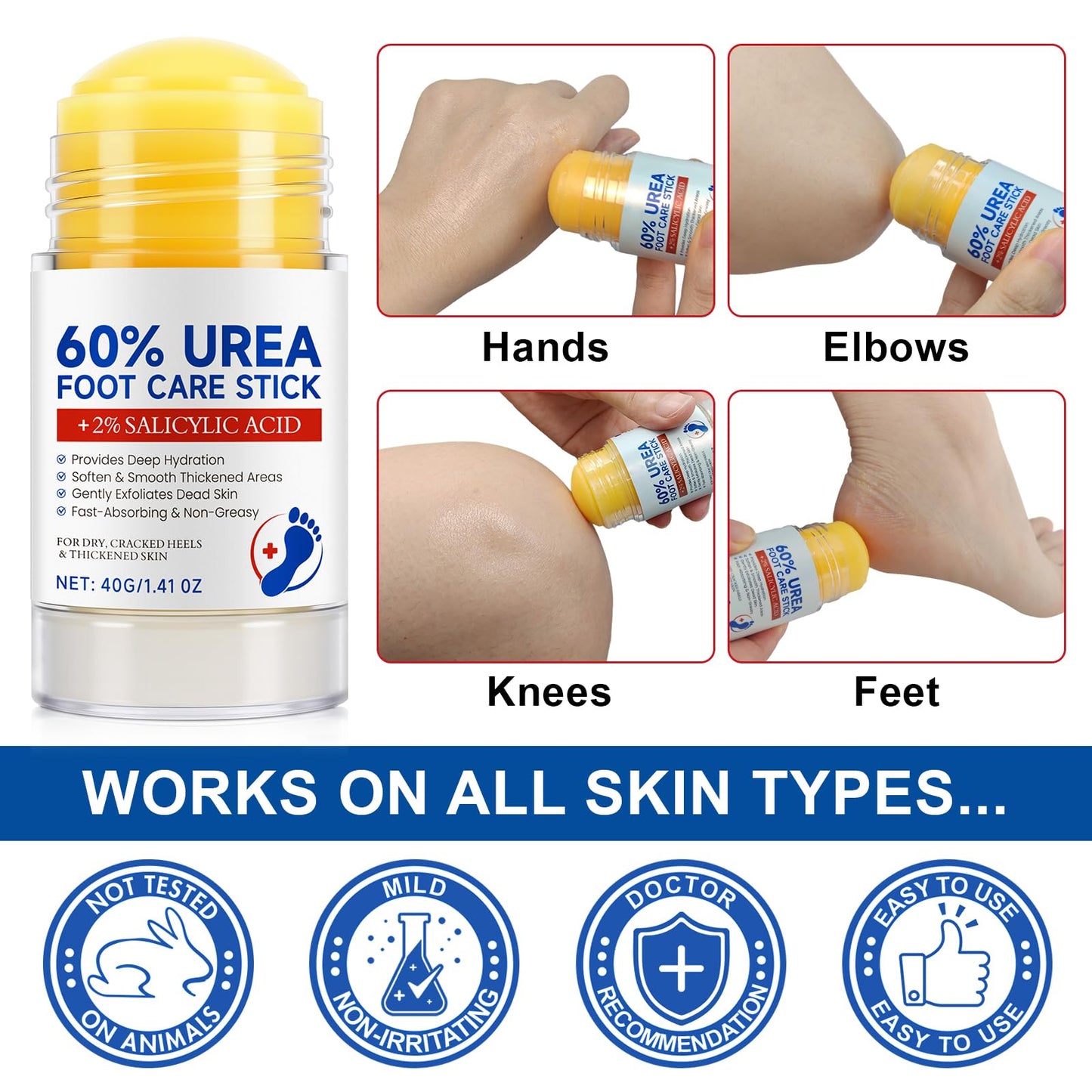 60% Urea with 2% Salicylic Acid Foot Care Stick, Maximum Strength Urea Foot Cream Callus Remover for Dry Cracked Heels, Hands, Knees, Exfoliating Moisturizer, Dead Skin Remover Foot Balm 1.41oz