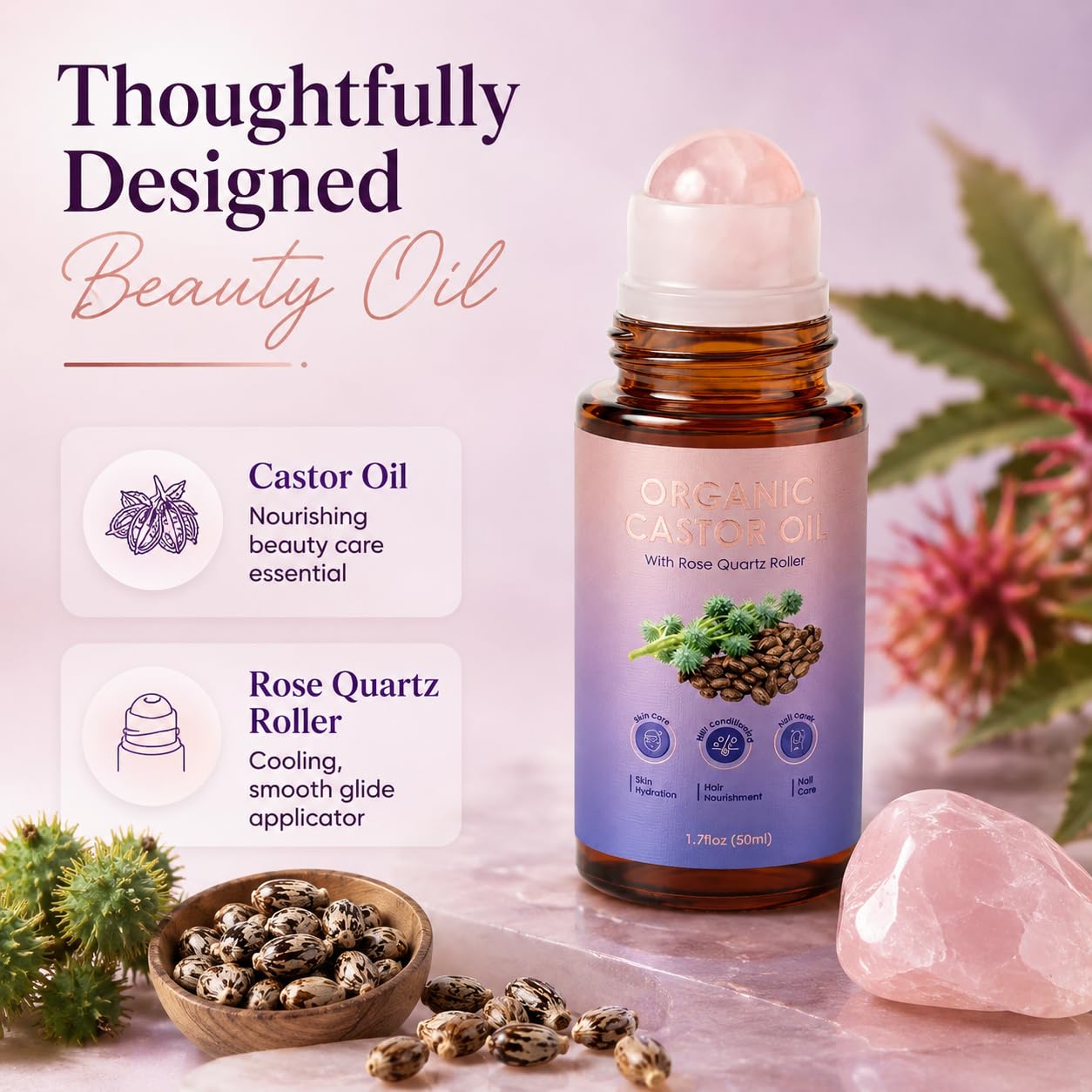 Organic Castor Oil Rose Quartz Roller - Cold Pressed for Brows, Lashes & Face | 1.7 Fl Oz, Non-Greasy Design