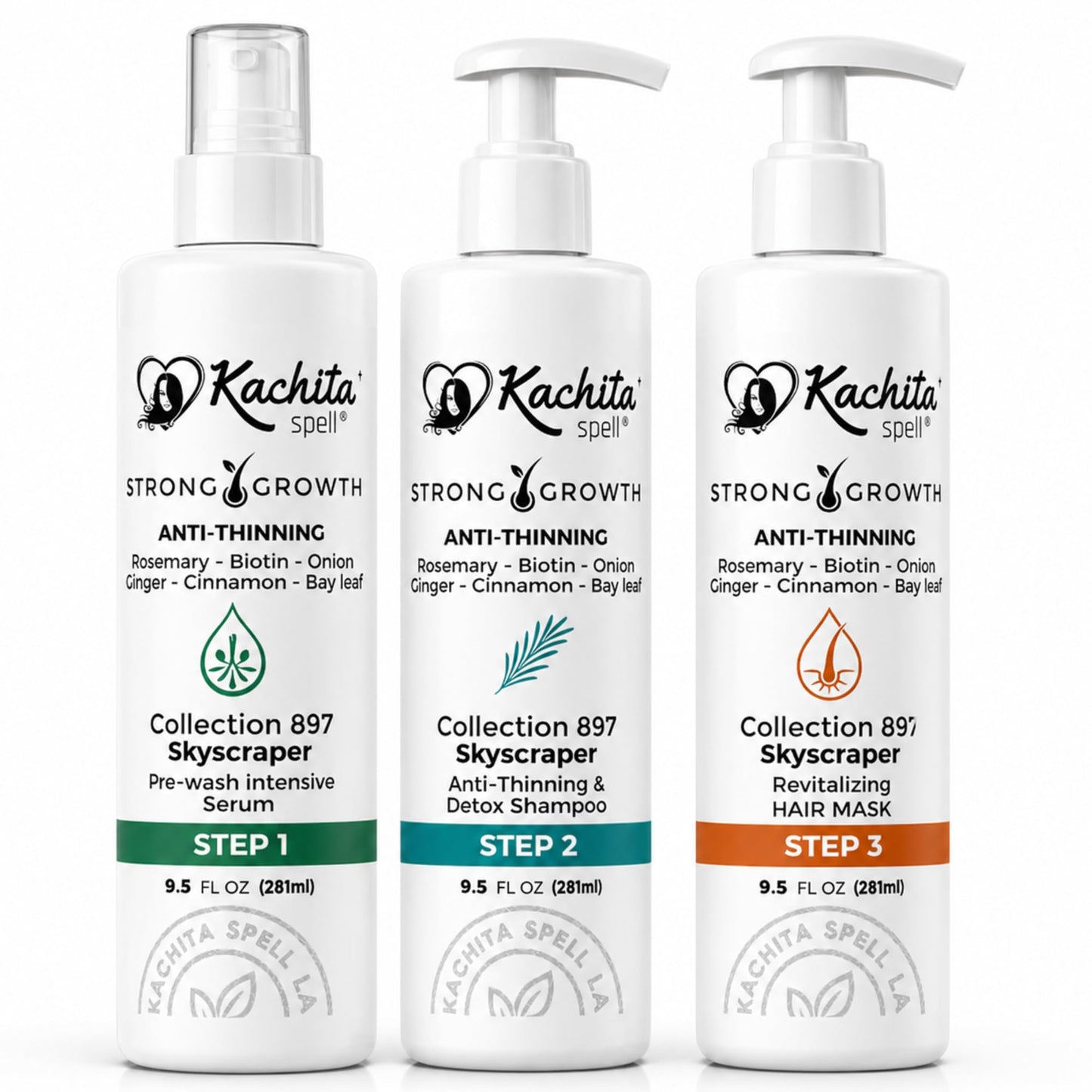 Kachita Spell Strong Growth Hair Care Set – Shampoo, Hair Mask & Serum with Biotin, Rosemary, Onion & Ginger – Anti-Thinning Hair Routine for Fuller, Stronger-Looking Hair, For Men & Women
