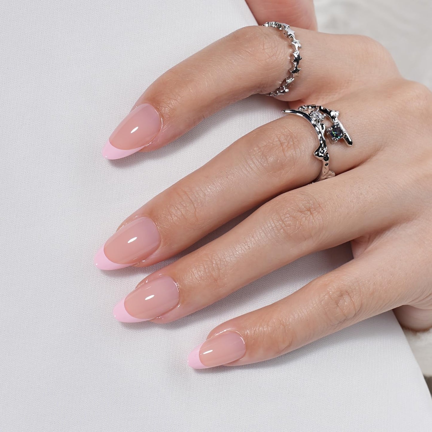 French Tip Press On Nails - Glossy Pink Almond Reusable Fake Nails | 32 Pieces in 16 Sizes with Glue