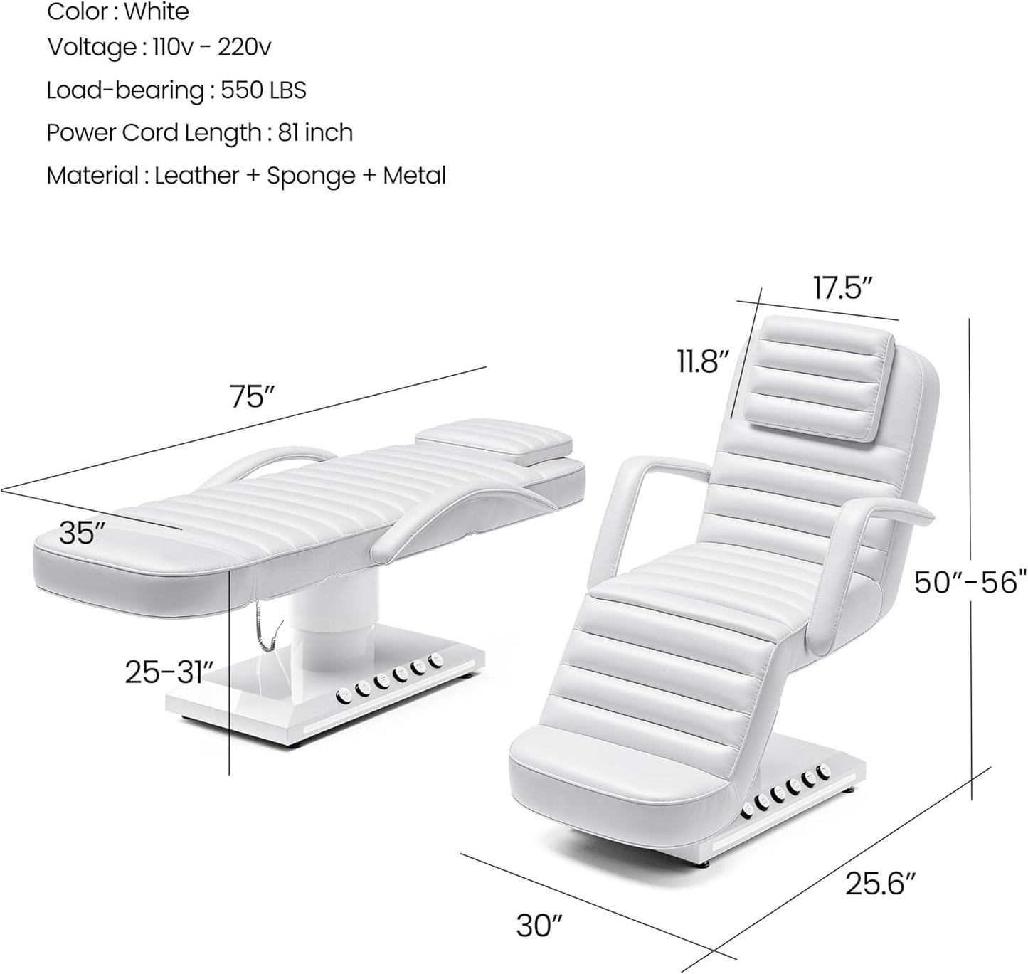 Electric Massage Table - Adjustable Facial Bed with LED Light | Removable Headrest & Armrest, 90° Back & Leg Adjustment (White)