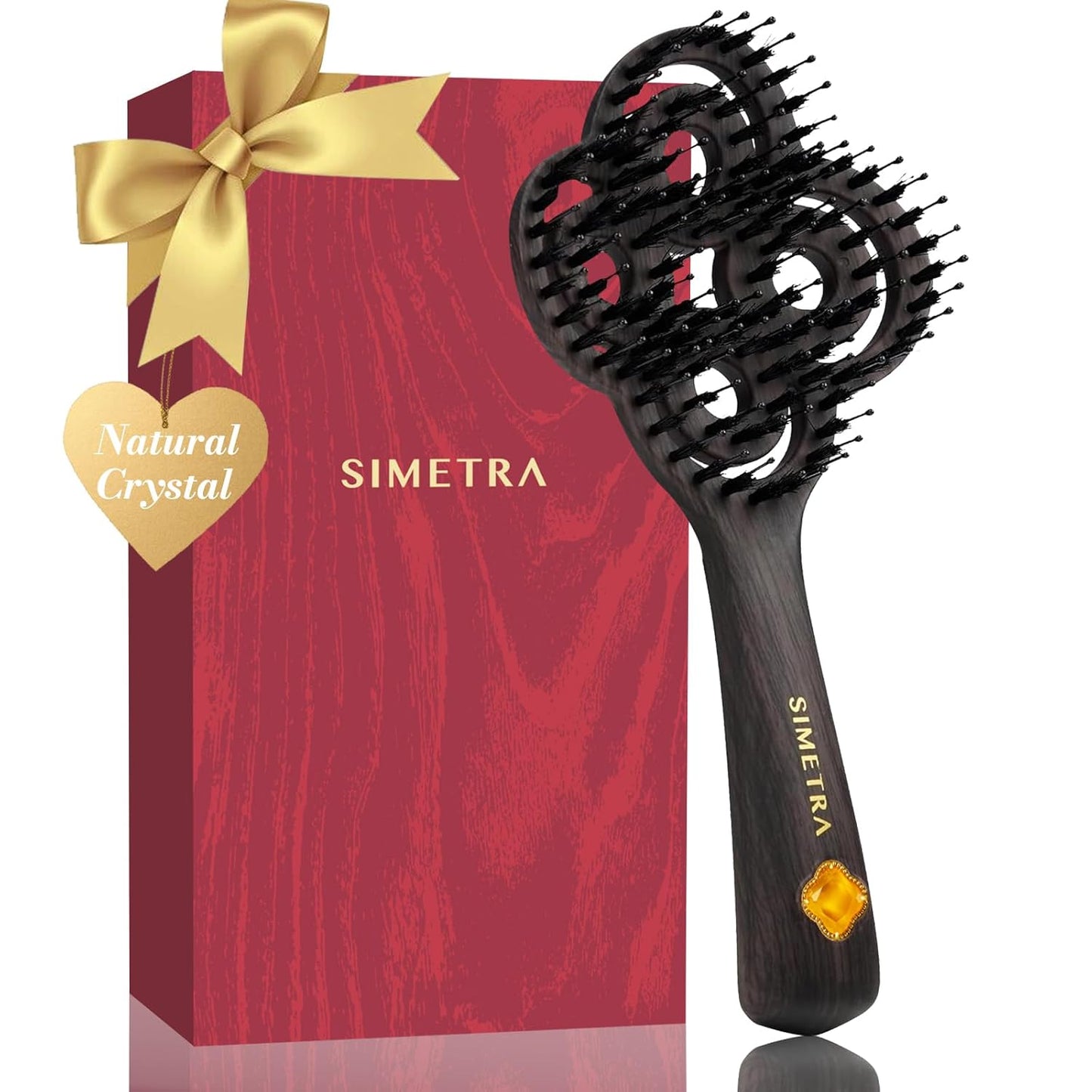 SIMETRA Lucky Hair Brush - 14K Gold Plated Detangling Brush with Natural Crystal Inlay | Boar Bristle for All Hair Types