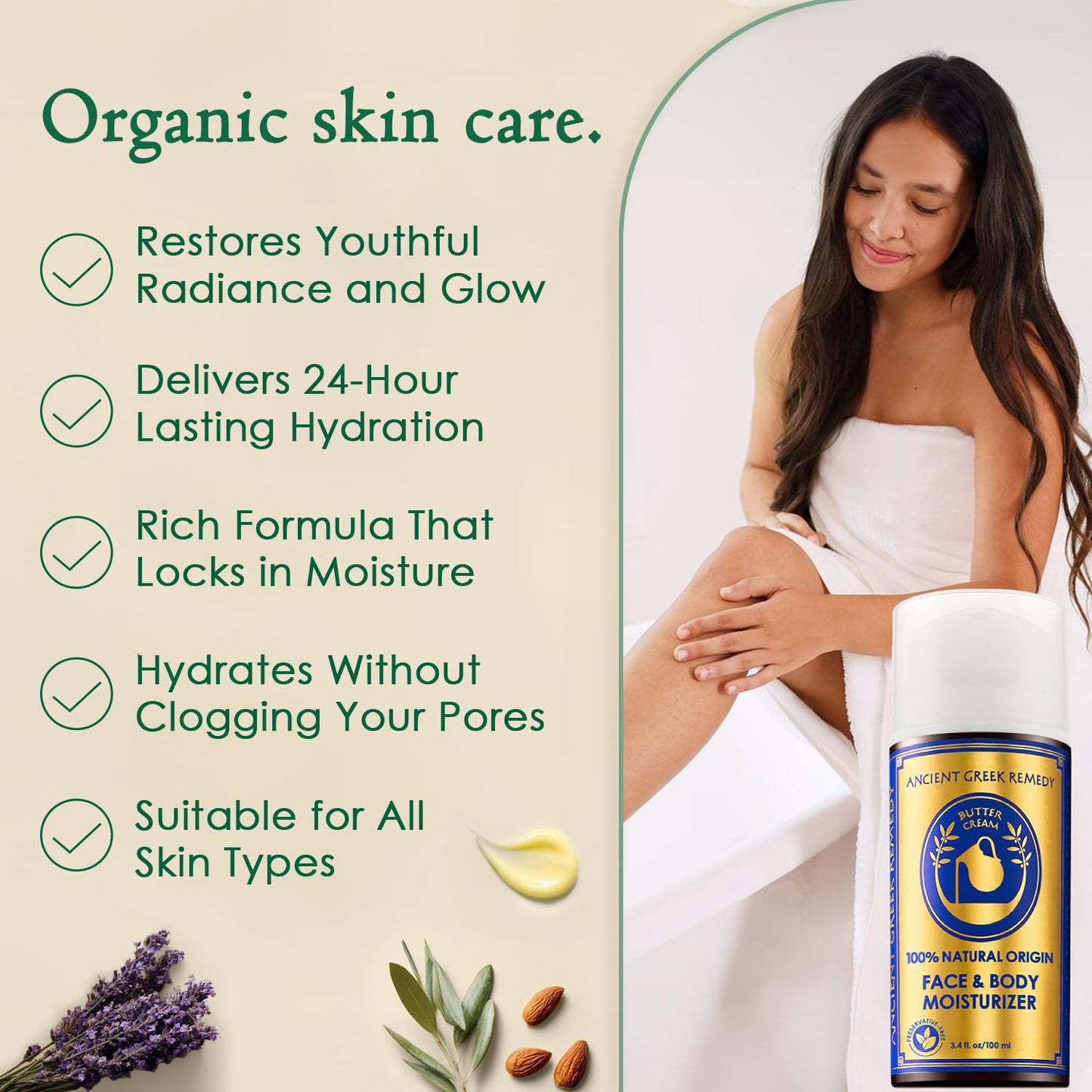 Organic Face Moisturizer for Dry Skin - Anti-Aging Body Butter with Almond, Jojoba & Lavender Oil | 3.4 oz