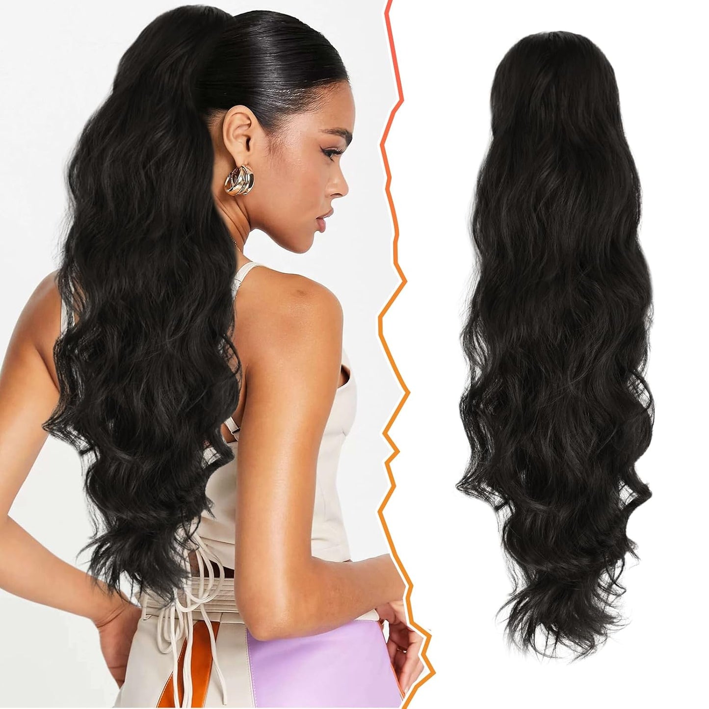 Black Wavy Drawstring Ponytail Extension - 26 Inch Synthetic Hairpiece for Natural Volume | Perfect for Black Women