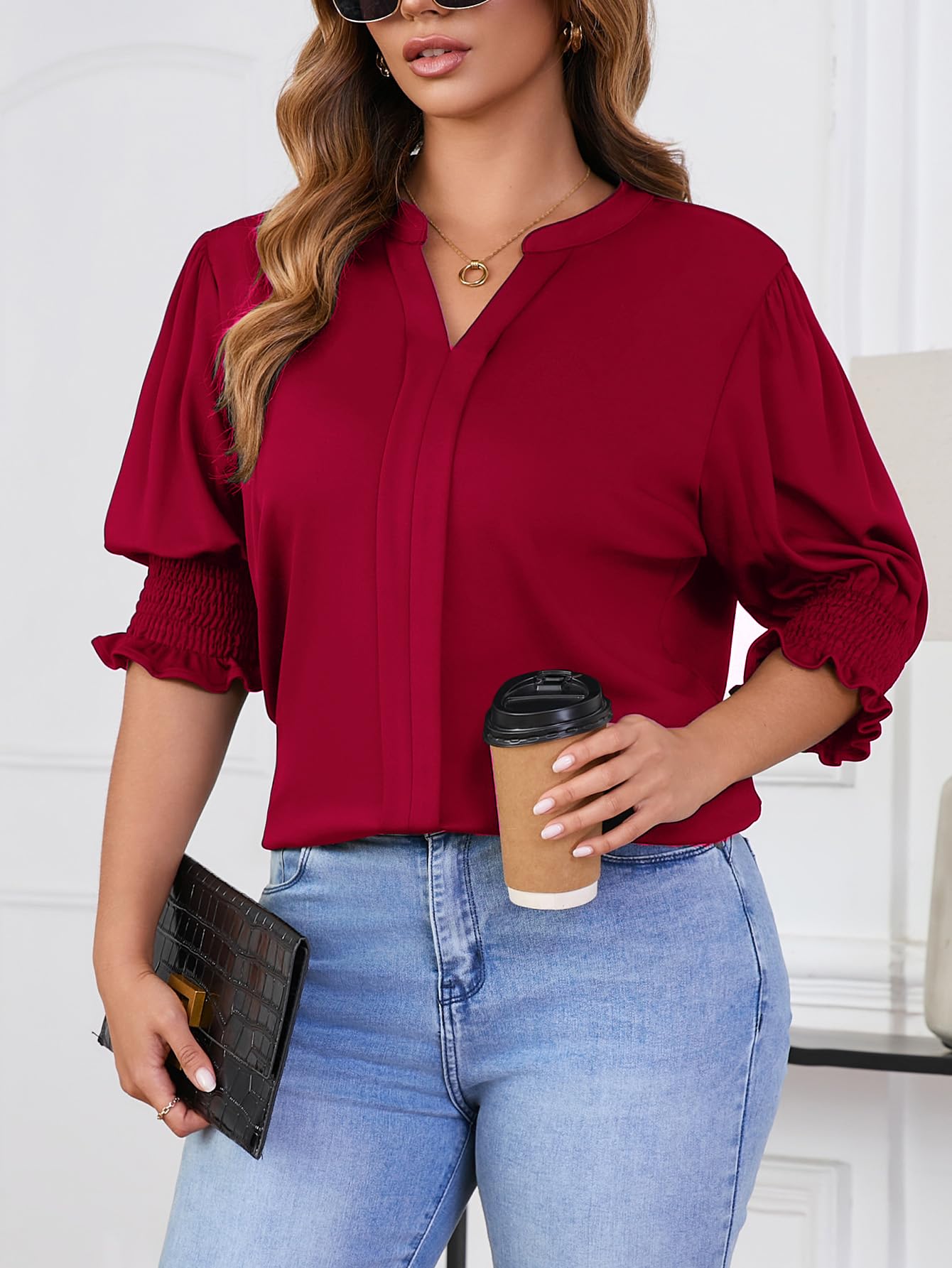 Tewsut Womens Plus Size Tops Oversized T Shirts Dressy V Neck Summer Blouses Casual Tunic Puff Short Sleeve Tops 1X-5X
