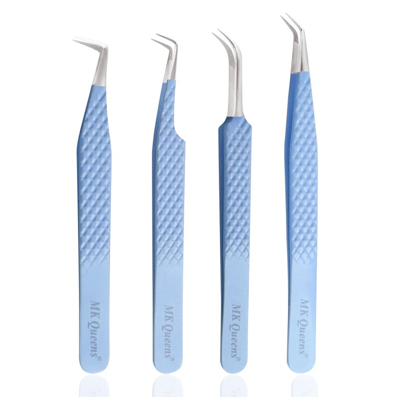 Fiber Tip Lash Tweezers For Eyelash Extension Tweezers Professional Eyelash Extension Tweezer - Set of 4 Pcs Diamond Grip Stainless Steel Fiber Tweezer (4, Sky Blue)