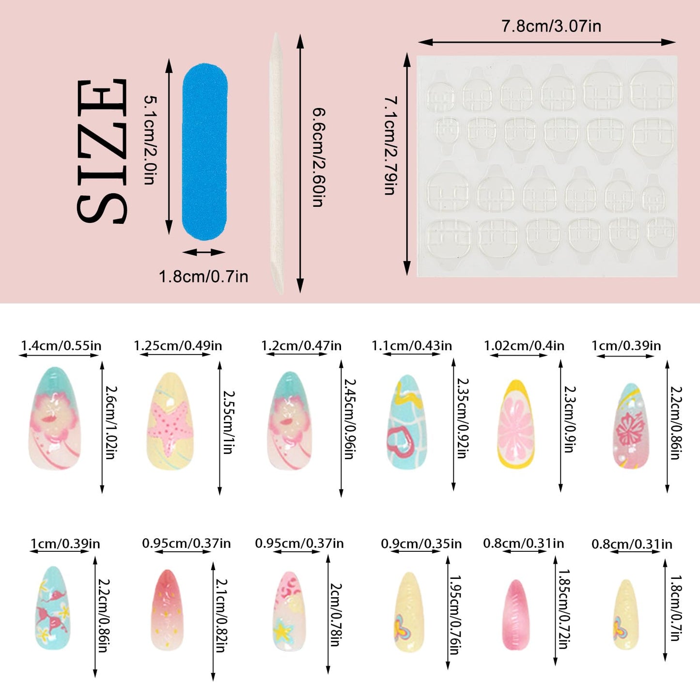 NICENEEDED 24 PCS Summer Beach Press on Nails, 3D Seashell Flower Medium Almond Fake Nails Heart Starfish Lemon Butterfly False Nail, Full Cover Artificial Nails for Women Manicure