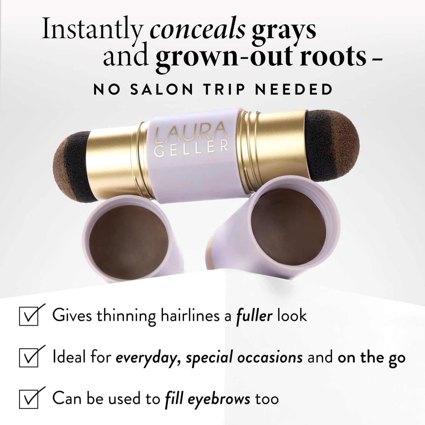 LAURA GELLER NEW YORK Root Touch-Up for Hair & Brows, Instant 100% Gray Root Coverage with Buildable, Transfer-Resistant, 2-in-1 Cream & Powder Formula for Thinning Hair & Sparse Brows - Medium Brown