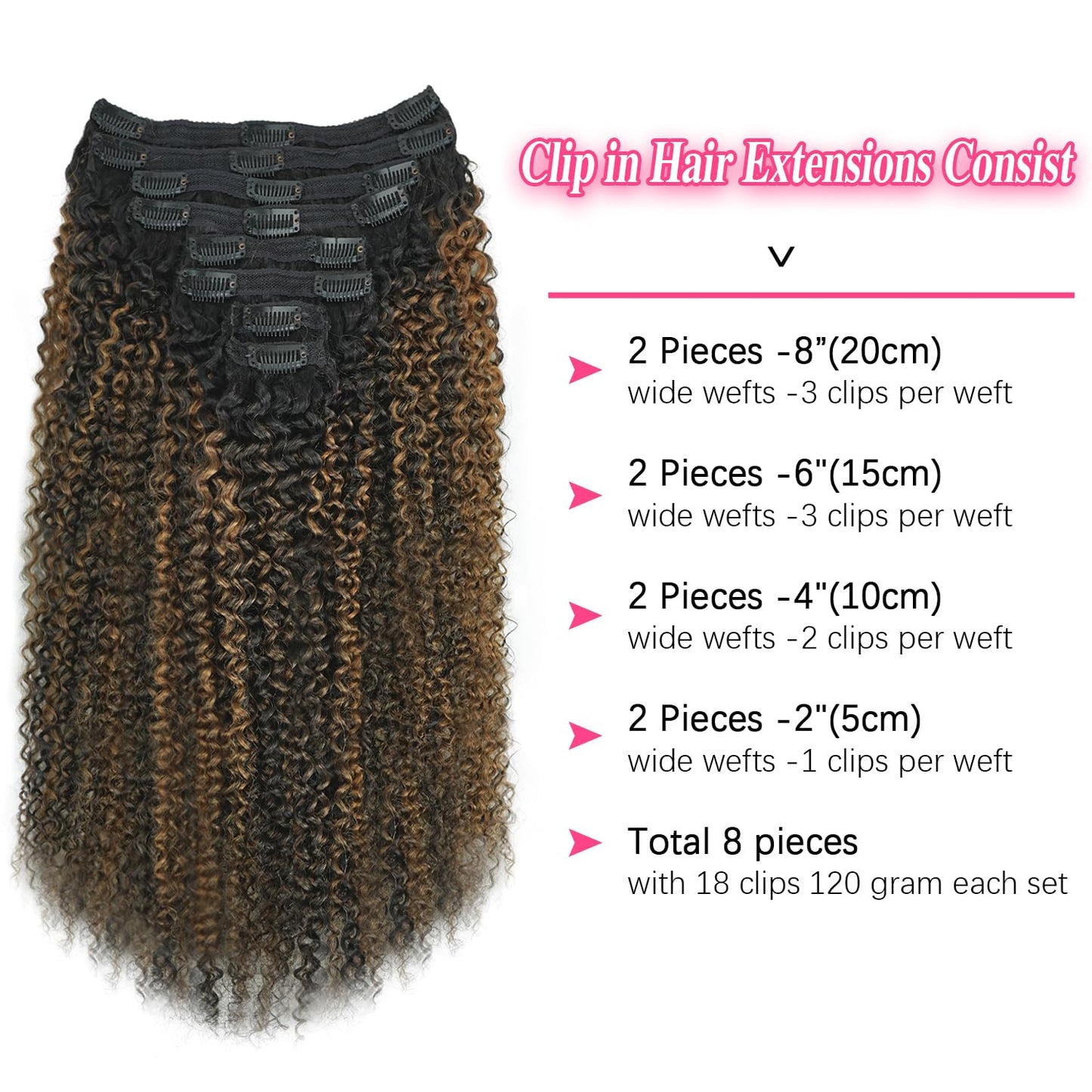 Mihugass 3c 4a Curly Clip in Hair Extensions T1BP1B/30 Omber Kinky Curly Clip ins For Women Brazilian Virgin Clip on Hair (24inch,T1BP1B/30)