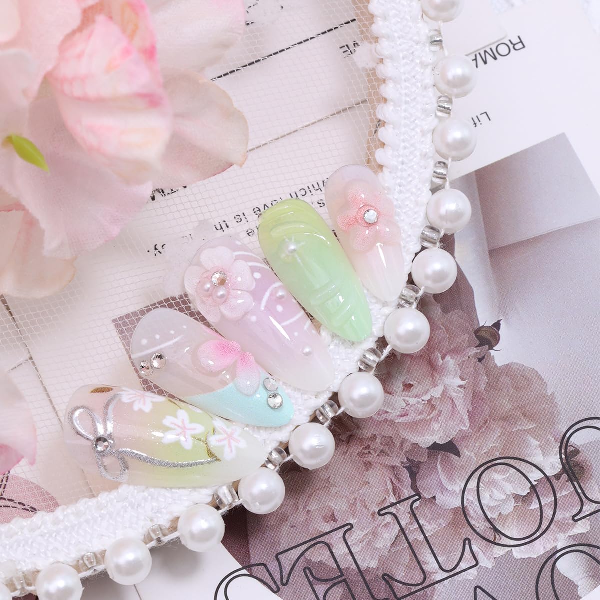 Colorful Summer Press-On Nails - Medium Almond Peach Blossom Design with Bow & Rhinestones | 24 Pcs Full Cover Acrylic Manicure