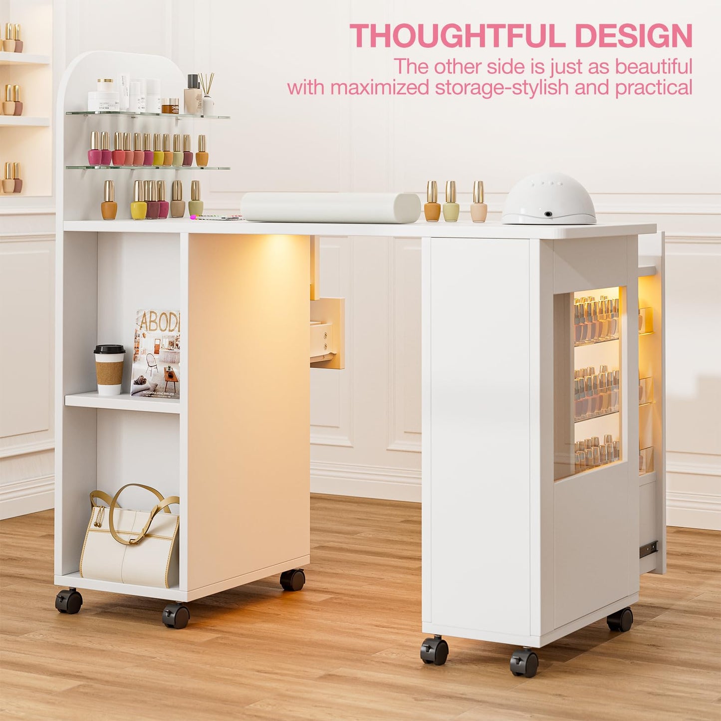 TTGIEET Professional Nail Desk for Nail Tech w/LED Light Display Cabinet, Rolling Manicure Table with Lockable Wheels, Storage Drawers, Wrist Cushion, Acetone Resistant, for Beauty Salon, Spa & Home