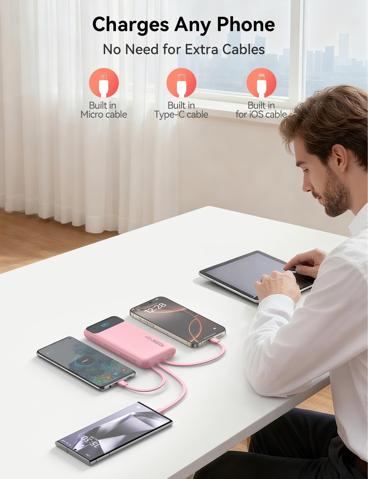 Nusyddy Portable Charger 10000mAh PD20W w/4 Built-in Cables/6 Outputs Pink