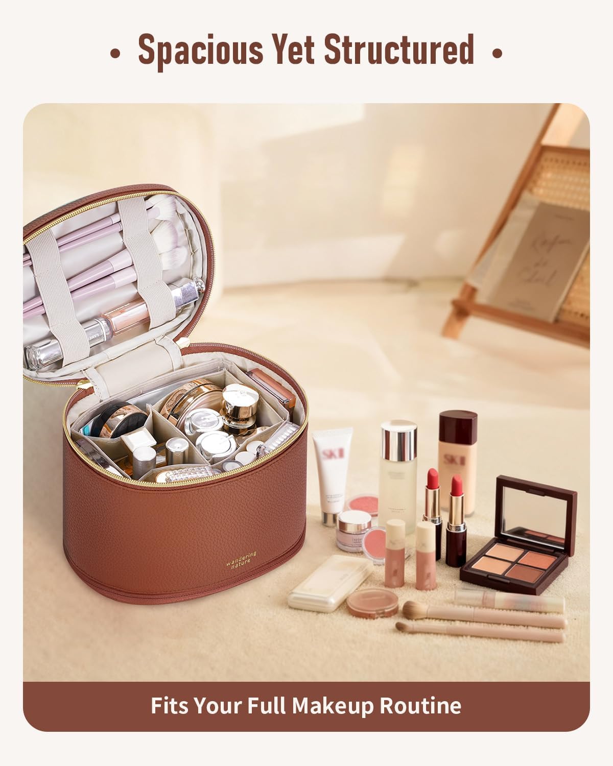 Travel Makeup Bag for Women - Structured Vanity Case with Wipe-Clean EVA Interior & Removable Divider | Fold-Flat PU Leather with Handle