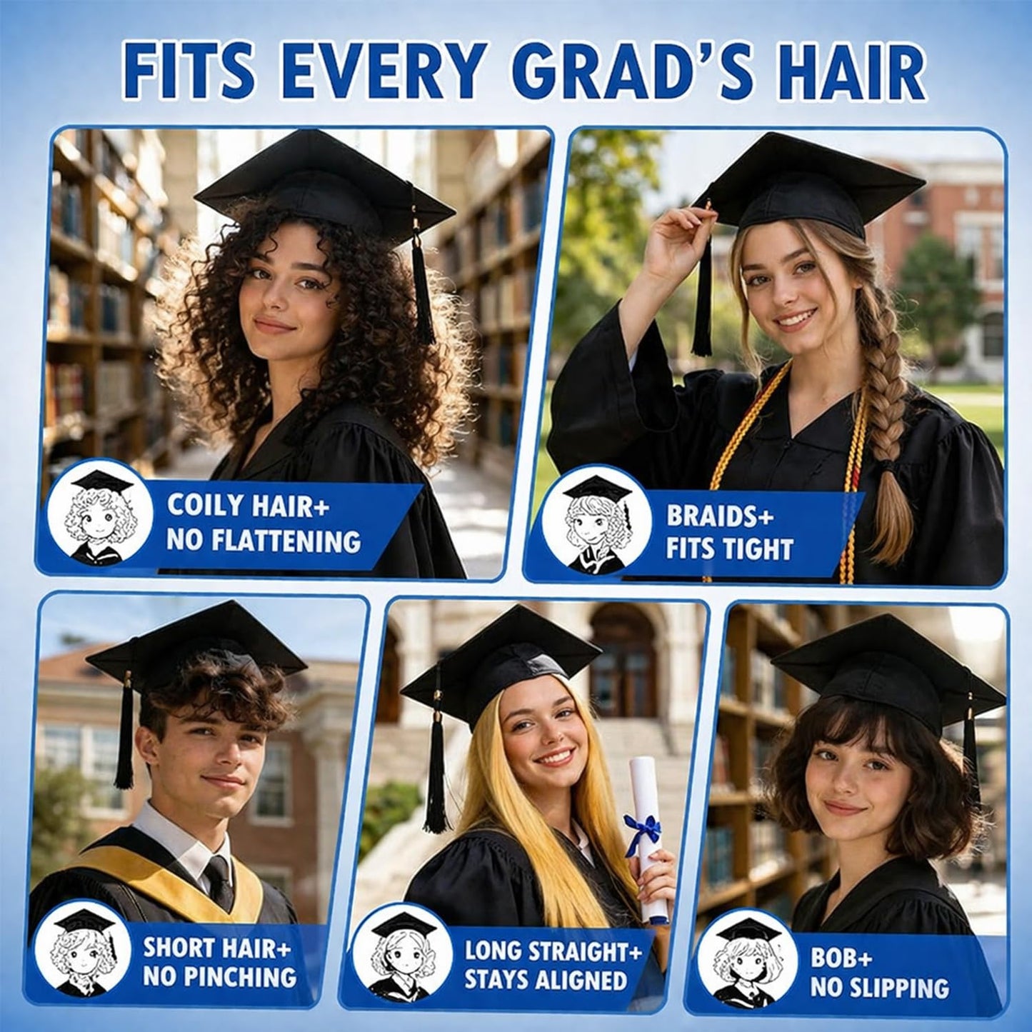 Graduation Cap Headband Insert - 2PC Anti-Fall Curly Hair Accessory | Secure Non-Slip Fit for Graduates