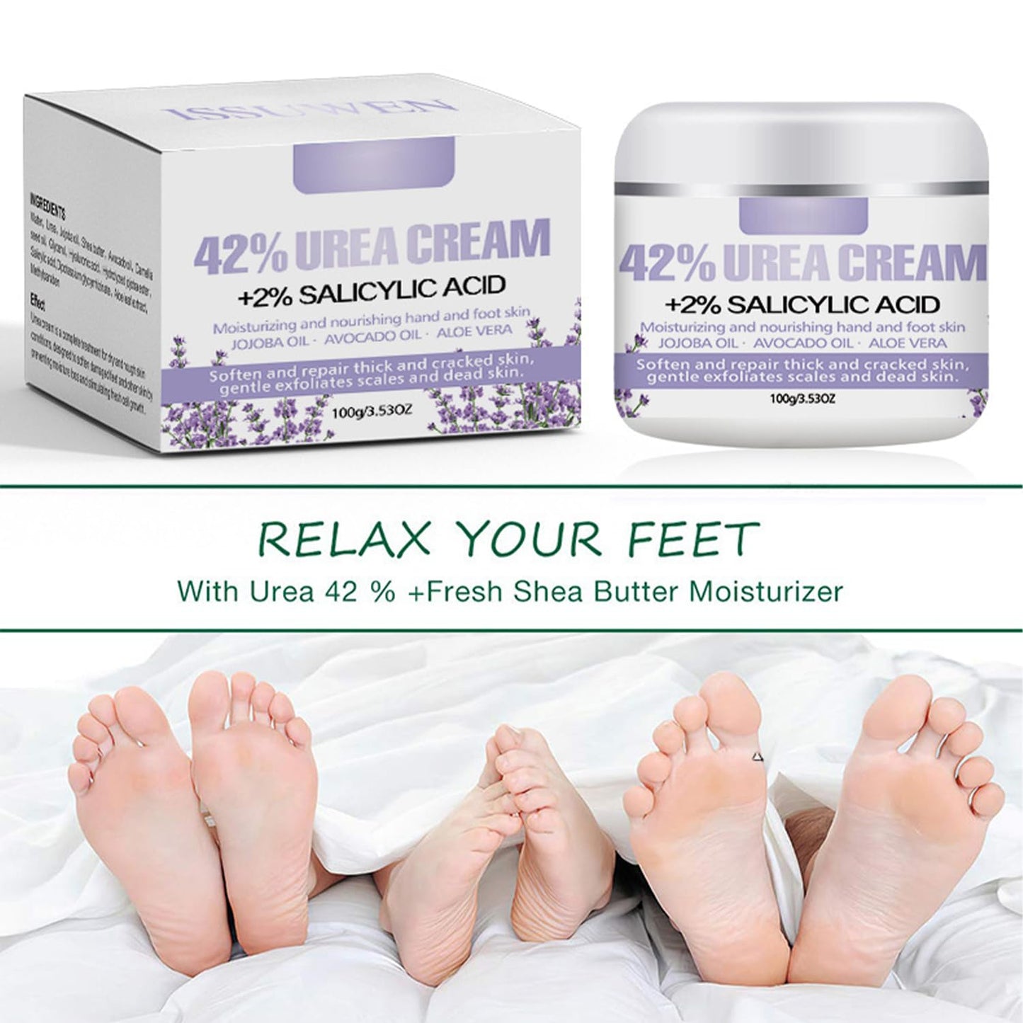 Grospe Urea Cream 42% + 2% Salicylic Acid, Lavender Scented, Deeply Moisturizes, Urea Foot Cream for Foot Care Cracked Heel, nail repair & Callus Remover, 3.52 oz/100g