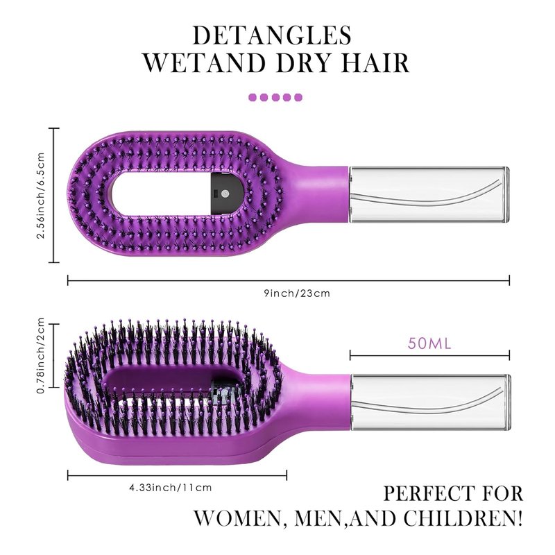 2-in-1 Detangler Hair Brush with Mister Spray - Wet & Dry Anti-Frizz Brush for Curly, Wavy & Straight Hair | 50ml Water Reservoir (Purple)