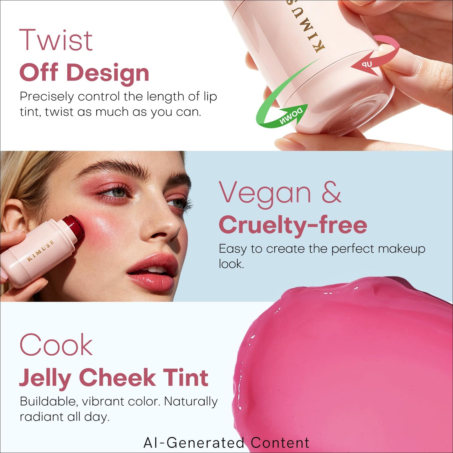 KIMUSE Jelly Cheek & Lip Tint, Watercolor Blush, Multi-Use Makeup, Tint for Cheeks, Lips & Eyes, Lightweight, Sheer & Buildable Color, Vegan Formula, Cruelty-Free
