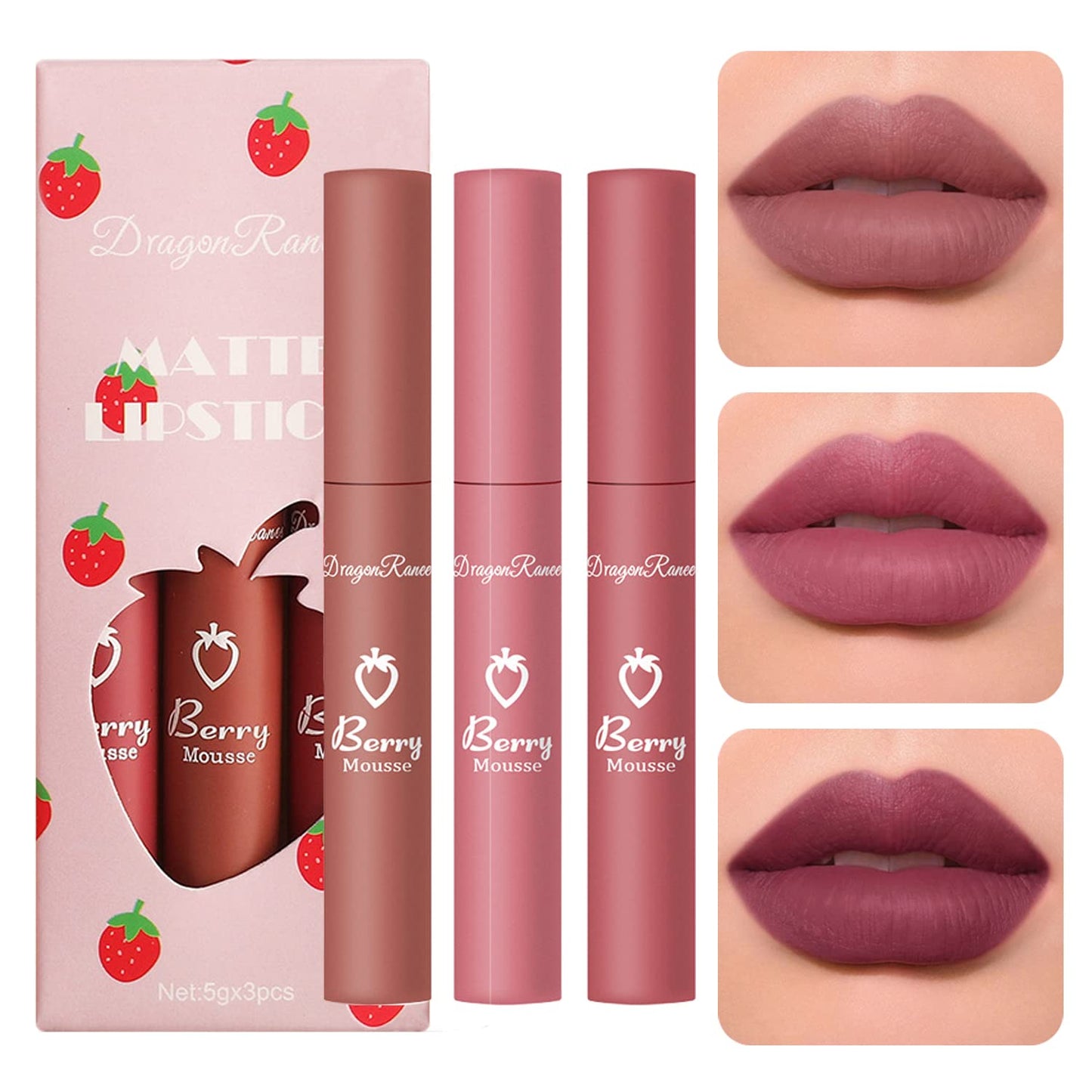 Dark Red Matte Lipstick Set - Long-Lasting Velvet Crayon Lip Stain | 3 Pcs, 24-Hour Waterproof Wear