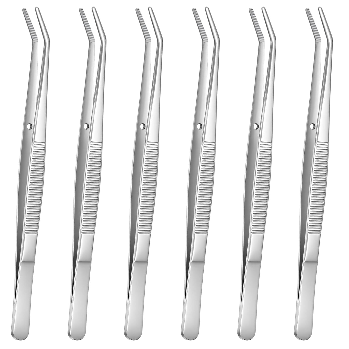 6 Pcs Stainless Steel Tweezers with Curved Serrated Tip, 6.2 Inch Multipurpose Precision Forceps Kitchen Long Tweezers Set Heavy Duty Sewing Machine Tweezer, Anti-Slip Grip for Professional & Home Use
