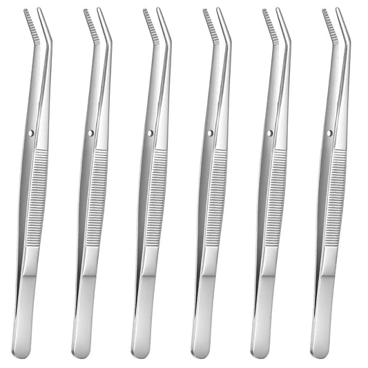6 Pcs Stainless Steel Tweezers with Curved Serrated Tip, 6.2 Inch Multipurpose Precision Forceps Kitchen Long Tweezers Set Heavy Duty Sewing Machine Tweezer, Anti-Slip Grip for Professional & Home Use