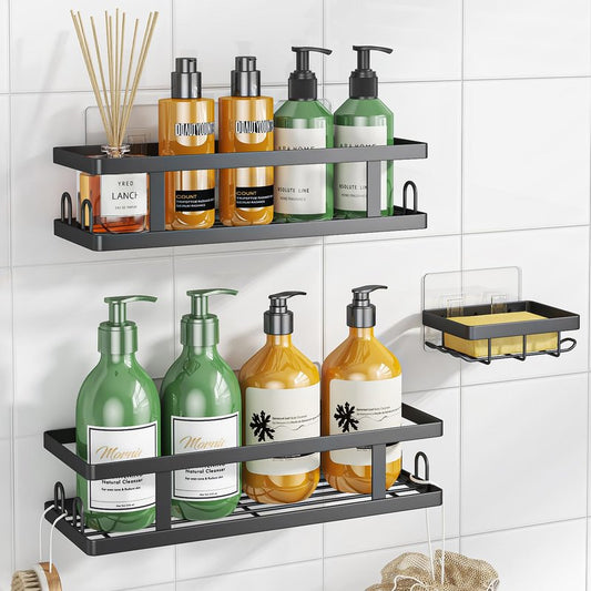 Youvip Adhesive Shower Caddy,Shower Shelves with Soap Holder and 12 Hooks,Rustproof No Drilling Bathroom Organizer and Storage,Black,3 Pack