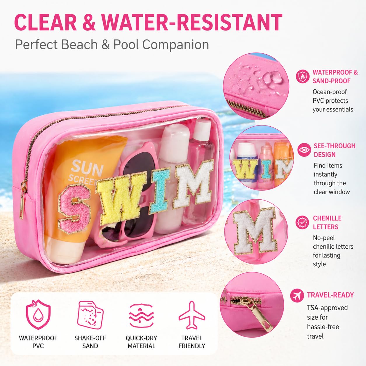 TRIP TIGER Sunscreen SPF Makeup Bag with SWIM Chenille Letters, Waterproof Clear Pink Cosmetic Bags for Women, Sunblock Organizer for Pool, Swim Team, Beach Travel Toiletry Sun Pouch