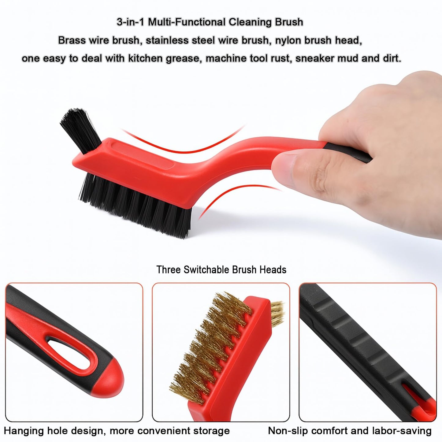 3-Piece Wire Brush Set - Heavy Duty Nylon, Brass & Stainless Steel Brushes | Curved Nonslip Handle, 7-Inch Red