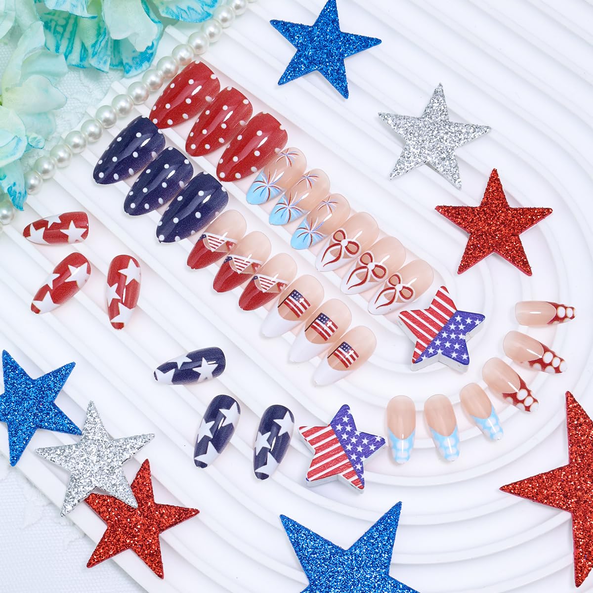 Patriotic 4th of July Press-On Nails - Short Almond French Tips | 30 Pcs Red, White & Blue with Star & Bow Designs