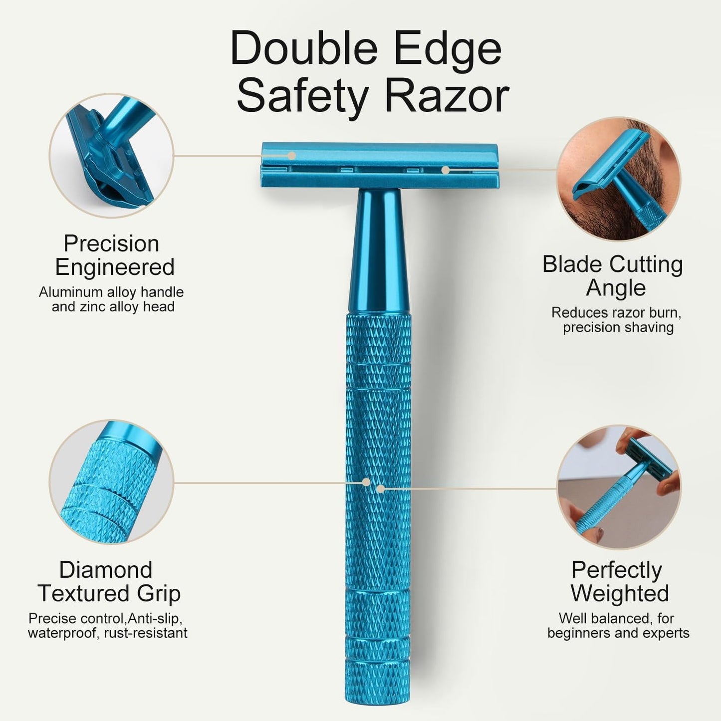 Double Edge Safety Razor with Stand, Single Blade Razors for Men and Women, with 10 Stainless Steel Double Edge Blades, Smooth and Close Shave, Plastic Free, Blue