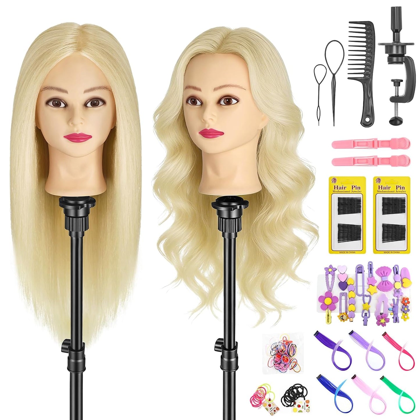 Mannequin Head - 23 Inch Human Hair Styling Doll | Cosmetology Practice & Training Head with Tripod Stand