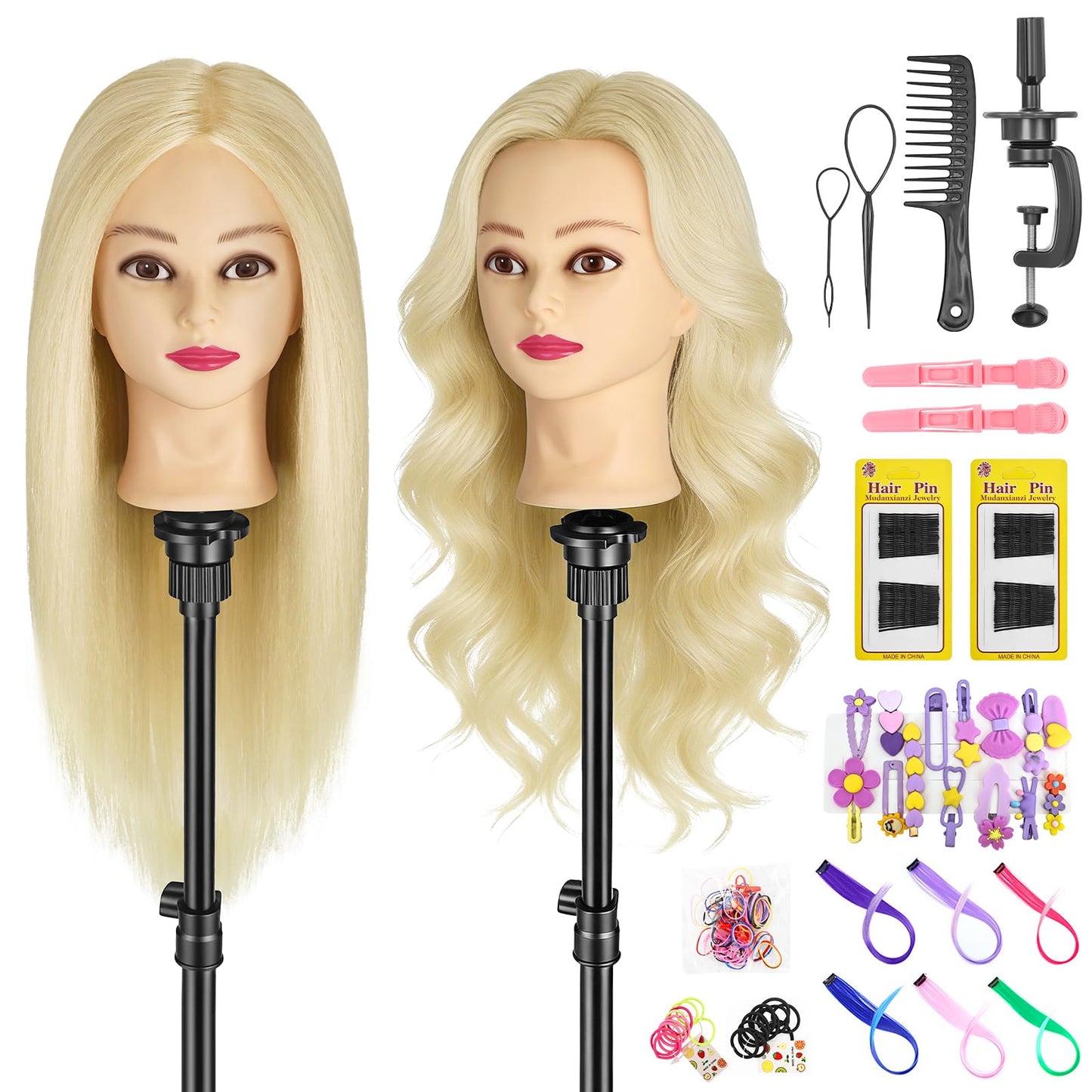 Mannequin Head with 90% Human Hair, 24" Hair Doll Head for Cosmetology & Hairdresser,Real Hair Manikin Doll Styling Head,Hairdressing Training Braiding Head with Table Clamp+Styling Set