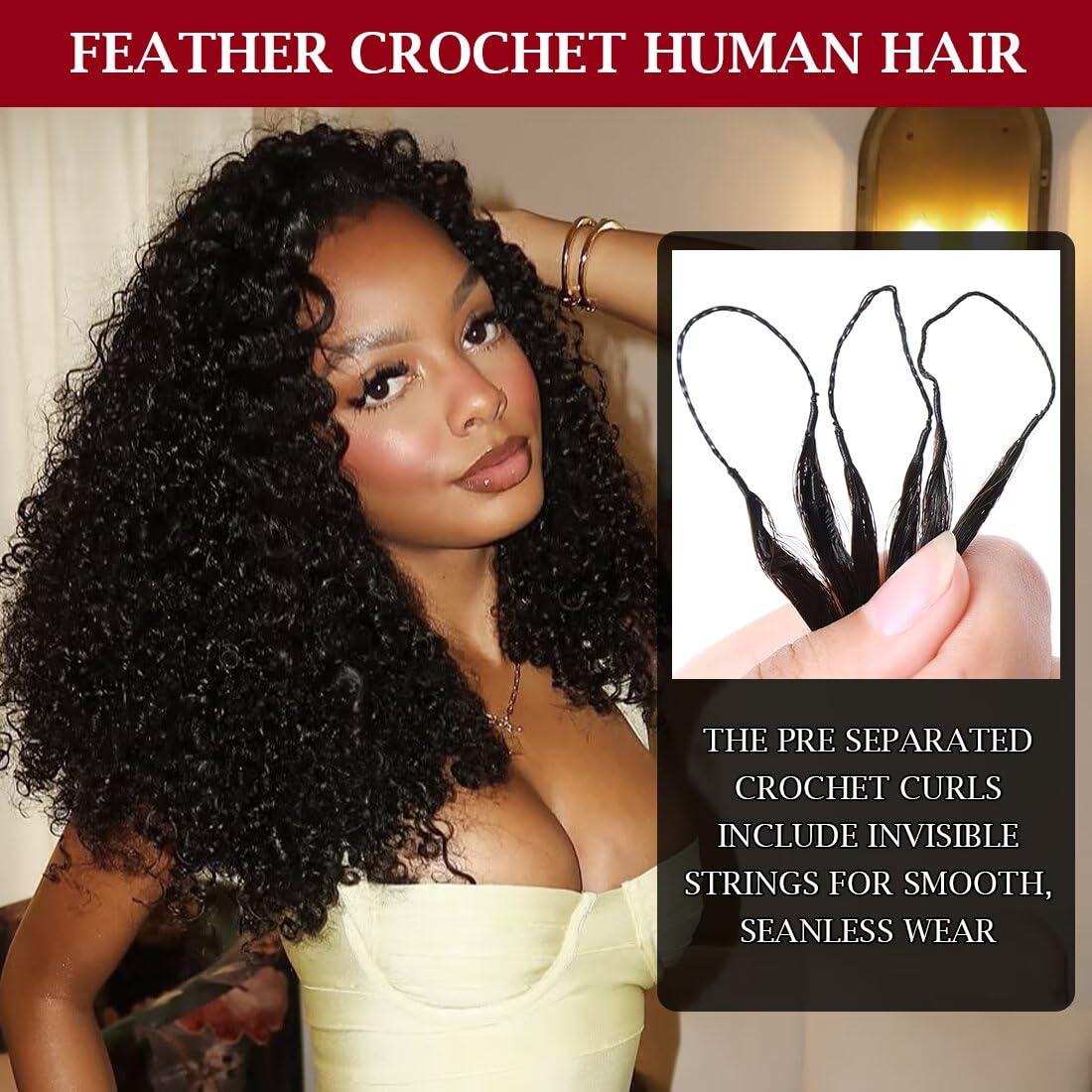 Miracle Invisible Knots Feather Human Crochet Hair 14 Inch 170g Pre-Looped for Burmese Curly (Open End) Natural & Bouncy Wave Invisible Seamless Knotless Soft BM Crochet Hair for Black Women (1B)
