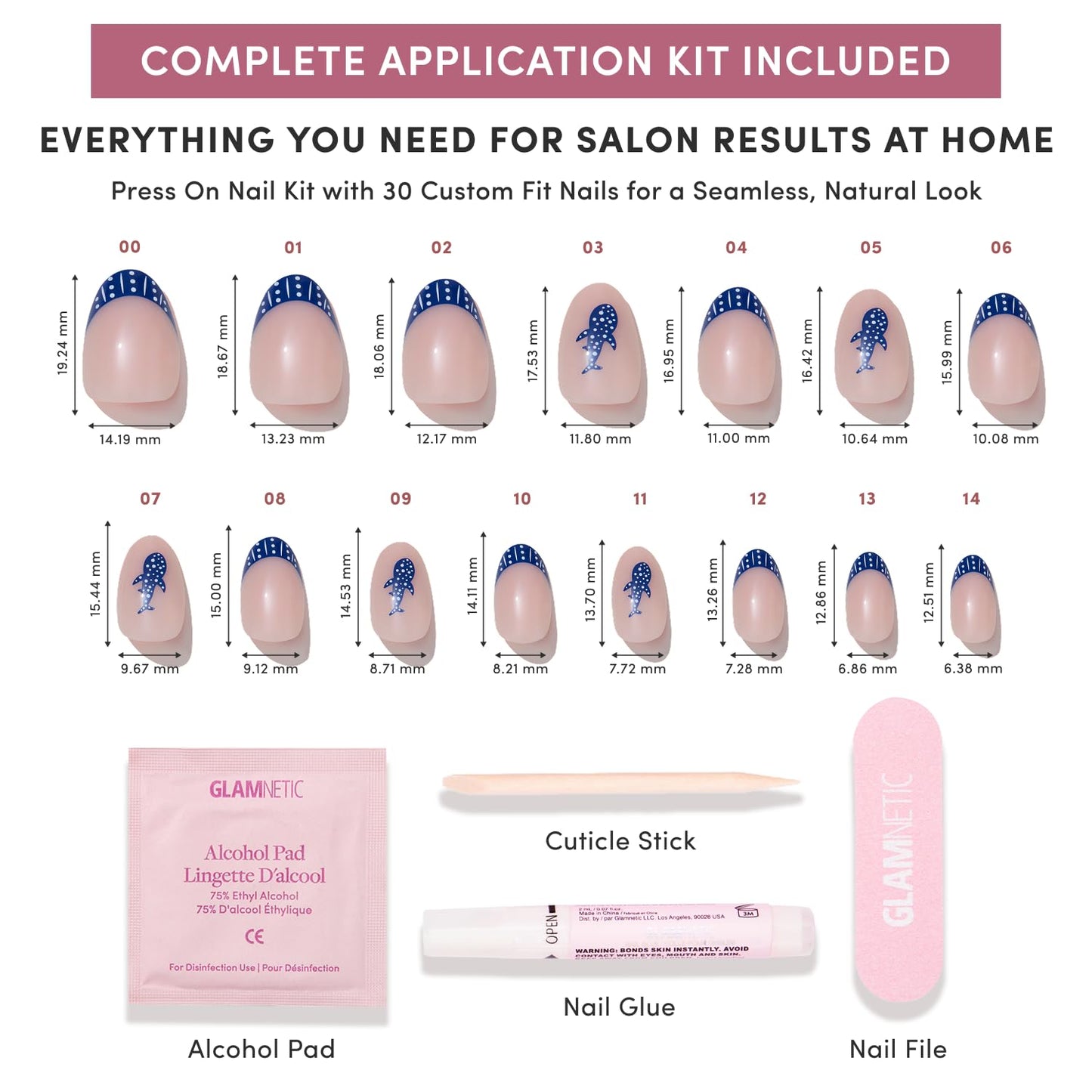 Glamnetic Press On Nails - Short Oval Blue French Tip Nails with Polka Dots & Whale Accents | 30-Piece Summer Nail Kit