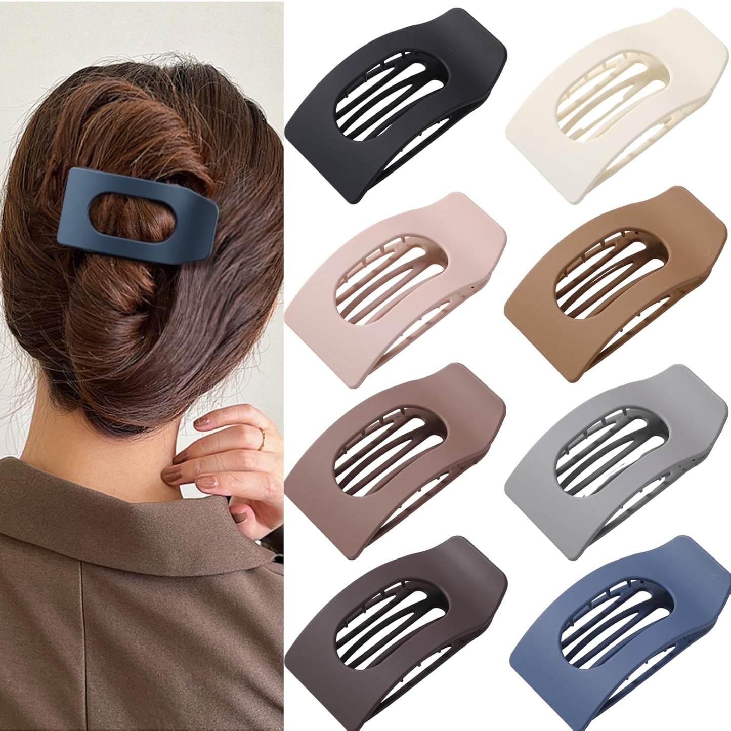 Flat Hair Clips for Women - 8 Pack Large Matte Rectangle No-Slip Claw Clips | Strong Hold for Thick & Thin Hair