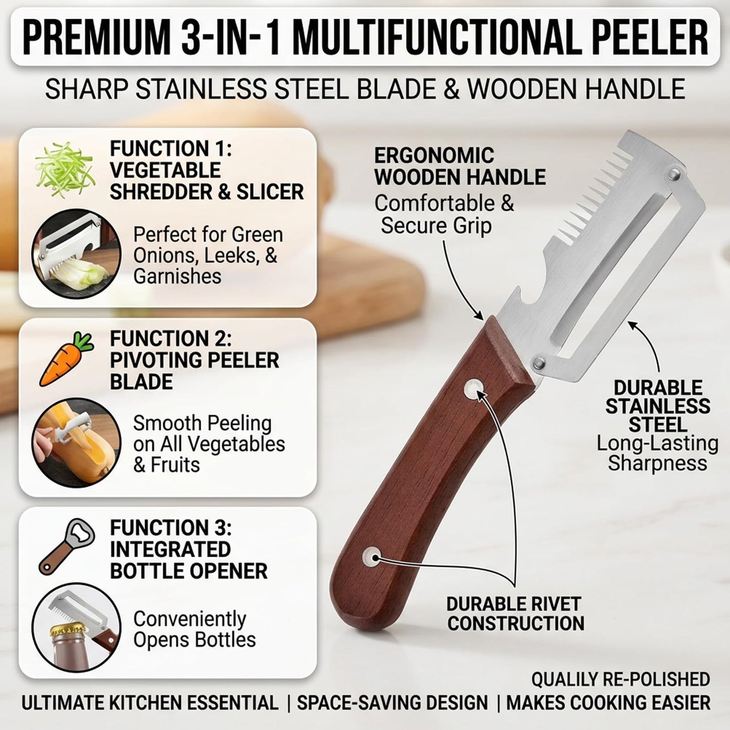 Multifunctional Vegetable Julienne Peeler, Kitchen Multi-Function Stainless Steel Thickened Fruit Peeler Knife, With Built-In Bottle Opener For Peeling Fruits, Vegetables