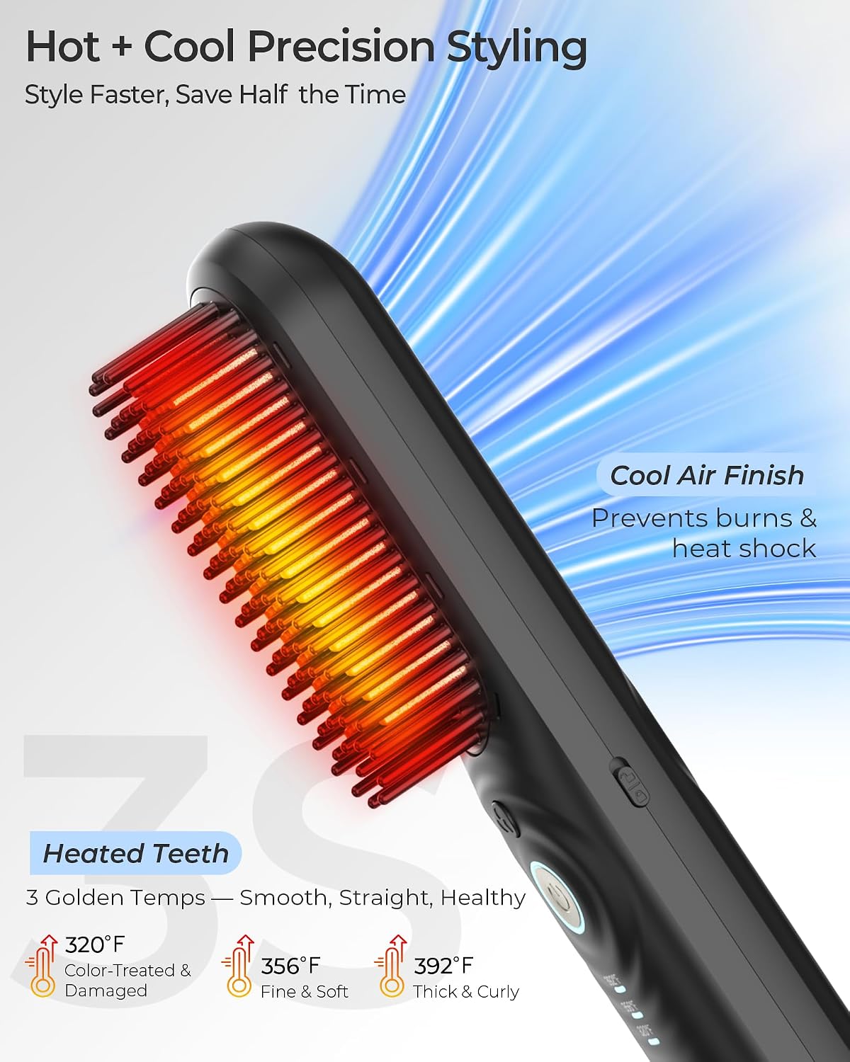 Cordless Hair Straightener Brush - Portable Mini Travel Straightener for Thick Curly Hair | 350M Negative Ions, Fast Heating